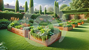 Cedar Vegetable Garden Boxes Herbs Plants Flowers Backyard Wooden AI Generated