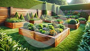 Cedar Vegetable Garden Boxes Herbs Plants Flowers Backyard Wooden AI Generated