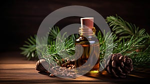 Cedarwood essential oil in a bottle. Generative AI,