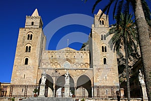 Cefalu cathedral on summer sky; Sicily