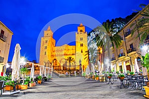 Cefalu, Sicily, Italy: Night view of the town square with The Cathedral or Basilica of Cefalu, a Roman Catholic church