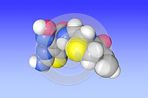 Cefdinir, antibiotic. Space-filling molecular model. 3d illustration