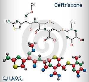 Ceftriaxone molecule. It is broad-spectrum third-generation cephalosporin antibiotic. Structural chemical formula and photo