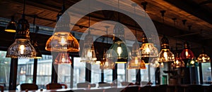 Ceiling adorned with a row of colorful pendant lights in a restaurant