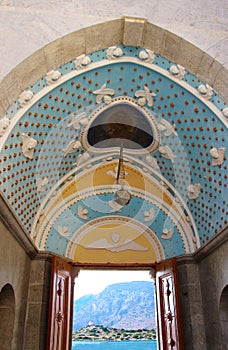Ceiling of the arch of the main entrance, Monastery of Archangel Michael Panormitis, Symi island, Greece