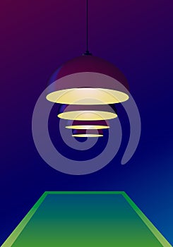 Ceiling bulbs hang and shine yellow light over a pool green table in vector. Dark blue background. Poster invitation template for