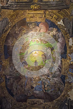 Ceiling of the cathedral with ancient painting.Saints Peter and Paul Garrison Church Jesuit Church, 17th century, Lviv, Ukraine photo