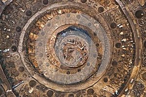 Ceiling of Chennakeshava temple, Belur, Karnataka. There is a prominent carving of Lord Vishnu as Narsimha in the centre.