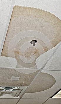 Ceiling damage from a water pipe leak in an interior ceiling.