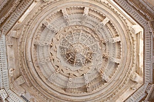 Ceiling decoration in ancient Ranakpur Jain temple in Rajasthan, India