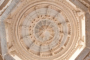 Ceiling decoration in ancient Ranakpur Jain temple in Rajasthan, India