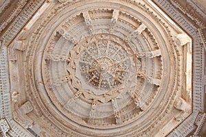 Ceiling decoration in ancient Ranakpur Jain temple in Rajasthan, India