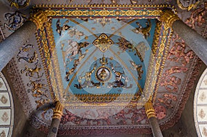 Ceiling decoration Inside of Patuxai Victory Monument is The Landmark of Vientiane, Laos.