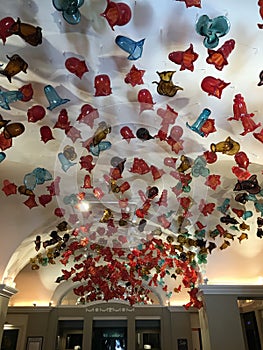 Ceiling display of colorful glassware in Dublin.