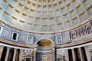 Ceiling and the dome inside the Pantheon roman temple and catholic church in rome Italy.