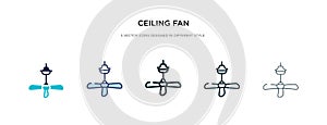 Ceiling fan icon in different style vector illustration. two colored and black ceiling fan vector icons designed in filled,