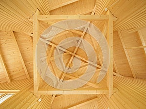 Ceiling with geometric pattern of wooden beams