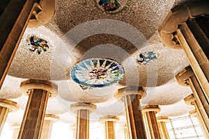 Ceiling in the Hall of a Hundred Columns in the Park Guell in Barcelona, Spain