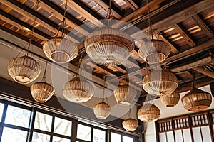 ceiling with hanging woven baskets as light fixtures