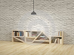 Ceiling lamp with bookcase on wooden floor bricks wall