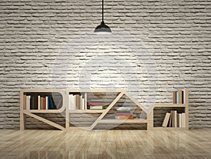 Ceiling lamp with bookcase on wooden floor bricks wall