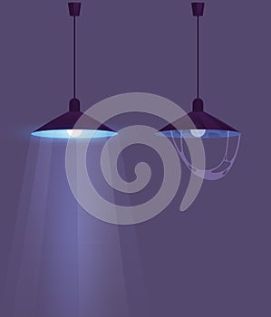 Ceiling lamp in cartoon style. Chandelier with cobweb hanging on cable with light on in dark room