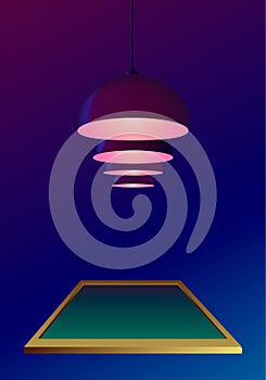 Ceiling lamps or bulbs hang and shine over a pool table in realistic style. Dark blue background. Poster invitation template for a