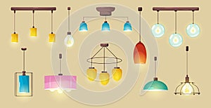 Ceiling lamps, modern glowing electric bulbs set