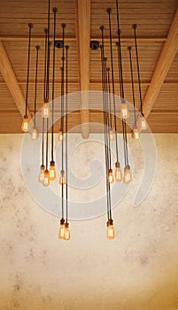 Ceiling light bulb hanging on pine wood against warm tone of gru