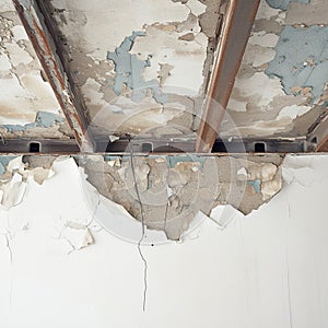 Ceiling of old house shows water damage, exposing steel bars