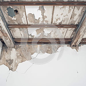 Ceiling of old house shows water damage, exposing steel bars