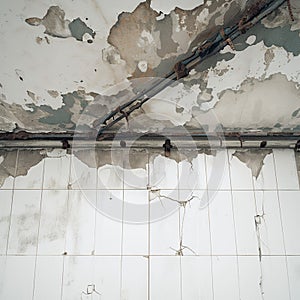 Ceiling of old house shows water damage, exposing steel bars