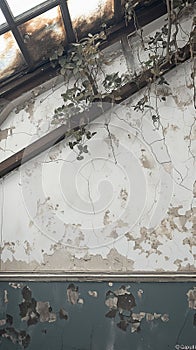 Ceiling of old house shows water damage, exposing steel bars