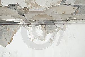 Ceiling of old house shows water damage, exposing steel bars