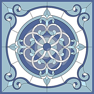 Ceiling panels stained glass window. Abstract Flower, swirls and leaves in square frame, geometric ornament. Vector
