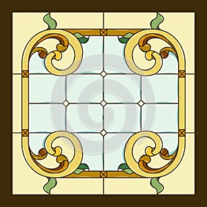 Ceiling panels stained glass window. Abstract flower, swirls and leaves in square frame, geometric ornament Vector