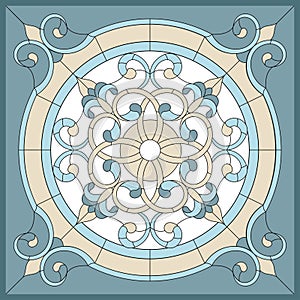 Ceiling panels stained glass window. Abstract Flower, swirls and leaves in square frame. Vector