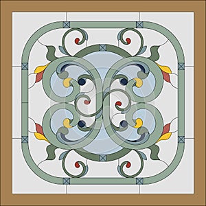 Ceiling panels stained glass window. Abstract flower, swirls and leaves in square frame. Vector