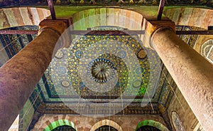 Ceiling of Sultan Barquq mosque with blue and golden floral pattern decorations, Cairo, Egypt