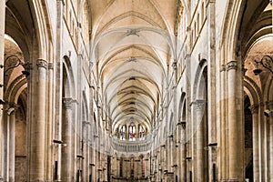 Ceiling in Vienne Cathedral, in France, showing elaborate arches and classical columns