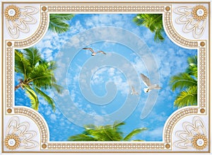Ceiling wallpapers collage with gold molding, sky, palm trees, birds 3d rendering