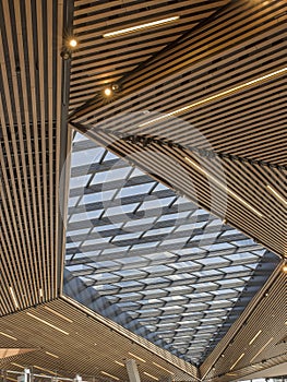 Ceiling of Wooden Slats and Glass.