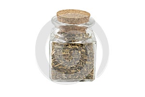 Celandine or in latin Chelidonii harba  in a glass jar isolated on white background. medicinal healing herbs. herbal medicine.