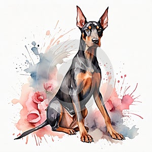 Body of a beauty Watercolor Doberman clipart, aquarela style, pink flowers. Generative AI photo