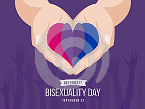 Celebrate Bisexuality Day banner with paper heart Bisexuality color symbol on hand holding vector design