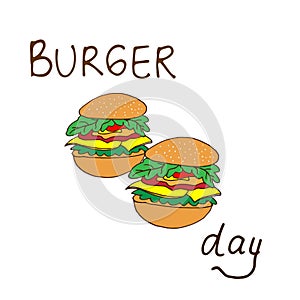 Celebrate Burger Day with Hand-Drawn Lettering and Two Delicious Cheeseburgers Illustration on White Background