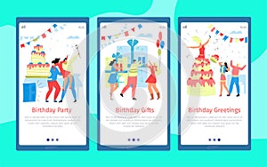 Celebrate cartoon banner, people flat greeting at birthday party set vector illustration. Holiday celebration with