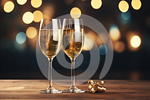 Celebrate with Champagne. Glasses on a Wooden Table with Bokeh Lights Copy space