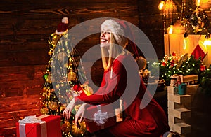 Celebrate christmas. Woman elegant girl red dress celebrate christmas. Cheerful lady in dress corporate christmas party