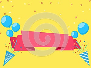 Celebrate festive holiday party design with balloons confetti, ribbon and party paper popper background.